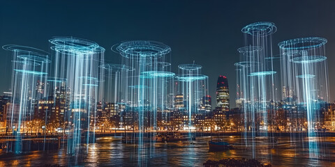 Poster - Digital Rain in the Urban Landscape: A mesmerizing night cityscape transformed by ethereal digital rain, with glowing lines of data cascading down the skyline.