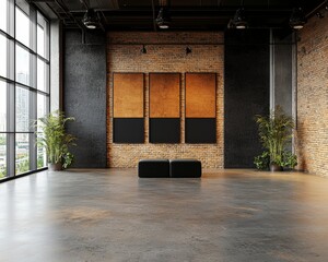 Wall Mural - Modern Interior Design of a Spacious Gallery with Brick Wall and Minimalist Decor in Urban Setting