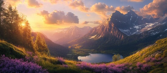 Wall Mural - serene mountain landscape at sunset with vibrant pink and purple flowers in foreground, golden sun r