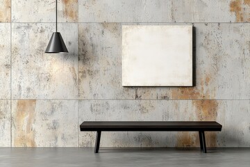 Poster - Contemporary Interior Design with Blank Canvas, Minimalist Bench, and Modern Pendant Light on Rustic Wall