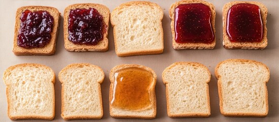 Assorted slices of bread with vibrant red and gold jams arranged in two rows on a light background, creating an inviting culinary display.