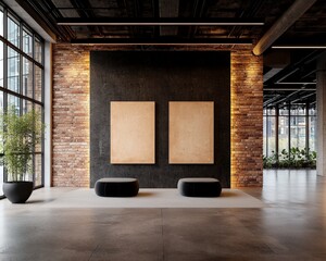 Poster - Modern interior design with empty frames in stylish urban environment featuring brick wall and natural light