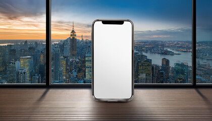 Poster - Realistic smartphone model with blank screen in city skyline