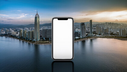 Poster - realistic smartphone model with blank screen against city skyline. image captures modern urban landscape sunset, evoking sense