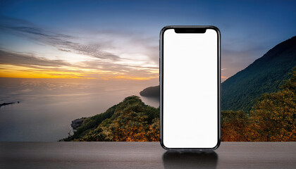 Poster - realistic smartphone model with blank white interface against scenic sunset backdrop