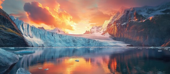 Wall Mural - Majestic sunrise over a glacier reflecting in calm waters with vibrant oranges and blues in the sky, surrounded by rugged mountains and ice.