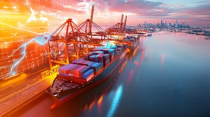 Aufkleber - Expansive futuristic port illuminated by neon purple and blue lights