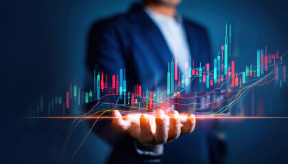 Poster - business professional holding digital stock market graph with candlestick chart