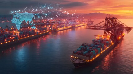 Aufkleber - Glowing Digital Network in the Shape of a World Map Overlays a Cybernetic Logistics Terminal with AI Powered Freight Management Surrounded by a Futuristic Metropolis Skyline Bathed in Neon Lights