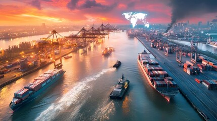 Fototapete - Aerial night view of a automated seaport with futuristic cargo handling technology self guided trucks