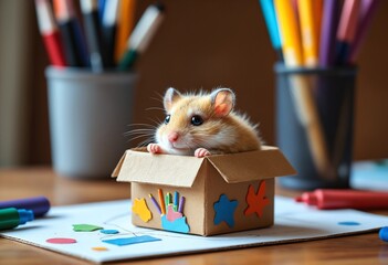 A tiny hamster nestled inside a miniature cardboard box decorated with colorful markers and tiny stickers