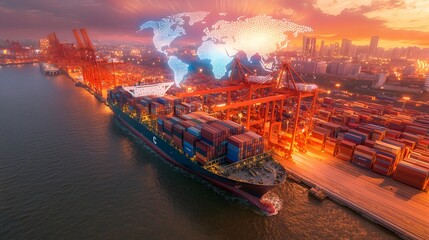 Aufkleber - Futuristic smart shipping yard with self operating cargo systems AI controlled cranes and a glowing world map shaped logistics network hovering above illustrating real time data flow  Beyond the port