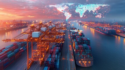 Aufkleber - Automated smart shipping yard with AI powered cargo handling systems and a glowing world map shaped logistics network hovering above  Beyond the port