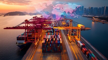 Aufkleber - A high tech cargo terminal with real time digital tracking smart cranes and self moving containers operating under a neon cyber network shaped like a world map