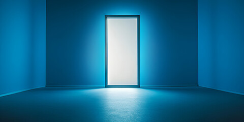 Poster - The Door to Opportunity: A single, brightly lit door stands in a deep blue room, symbolizing new beginnings, hope, and the potential for transformation.
