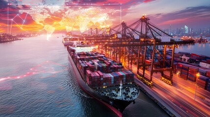 Aufkleber - Futuristic maritime trade hub with a holographic world map network coordinating self operating shipping systems and AI driven logistics management for seamless freight movement  In the distance
