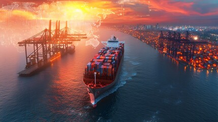 Aufkleber - Futuristic maritime trade hub with autonomous shipping systems AI driven logistics management and a glowing holographic network coordinating seamless global freight movement  In the distance