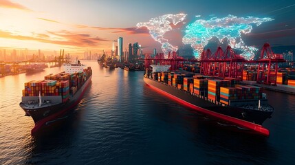 Aufkleber - Futuristic maritime trade hub with AI driven logistics and holographic network monitoring coordinating seamless freight movement across a global supply chain