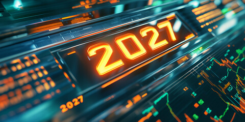 Poster - Digital Countdown to 2027: A futuristic, glowing display counts down to 2027, showcasing a vibrant, tech-inspired vision of the future. 