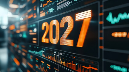 Poster - Entering 2027: A futuristic digital display showcases the year 2027, illuminated in vibrant orange against a dark tech background, signifying a leap into the unknown.