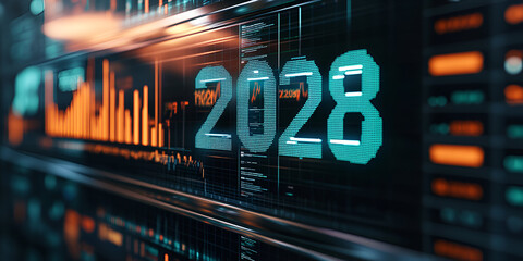 Poster - Digital 2028: A futuristic digital display showcases the year 2028, embedded within a complex array of data streams, charts, and graphs, hinting at technological advancement and future trends.