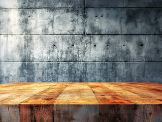 Poster - rustic industrial background: a weathered wooden tabletop rests against a backdrop of raw concrete, 