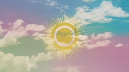 Aufkleber - Pastel sky background with soft pink and blue hues, featuring a bright sun and fluffy white clouds positioned centrally, creating a serene atmosphere.