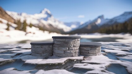 Aufkleber - Snowy landscape featuring three circular stone platforms atop ice with mountain backdrop and clear blue sky, showcasing winter scenery and textures.