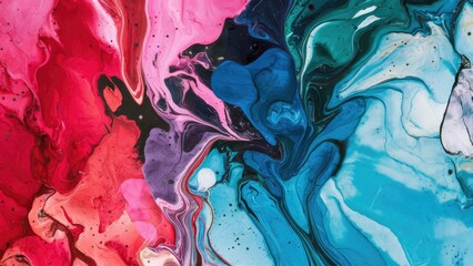 Poster - Colorful abstract fluid art composition featuring swirls of vibrant red, pink, blue, and teal tones blending together on a smooth surface.