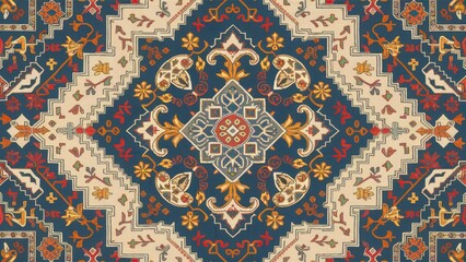 Poster - Intricate vintage oriental pattern featuring deep blue, beige, and warm gold, with floral motifs and geometric shapes arranged symmetrically.
