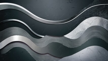 Fototapete - Abstract waves in silver and metallic tones flow across a textured dark gray background creating a dynamic and modern design composition.