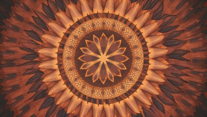 Poster - Intricate wooden mandala design with warm brown and gold tones, featuring layered leaf patterns in a circular arrangement on a dark background.