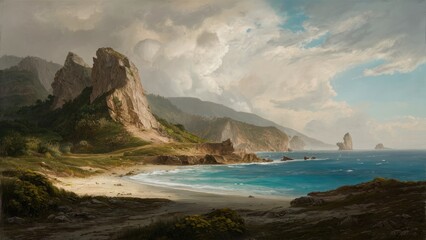 Aufkleber - Tranquil coastal landscape with majestic cliffs on the left, azure ocean waves, sandy beach in the foreground, under a cloudy blue sky.
