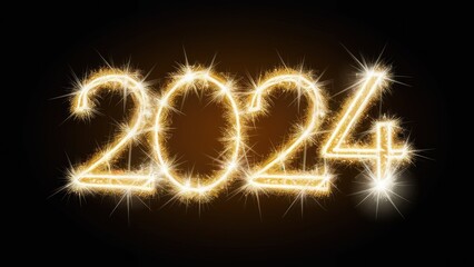 Poster - Sparkling golden 2024 numbers on a dark background with bright star bursts enhancing the celebratory feel of New Year's Eve or festive events.