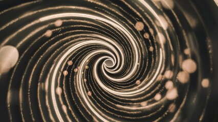 Leinwandbilder - Spiral bokeh pattern with golden and cream tones swirling into focus against a dark background creating a mesmerizing visual effect.