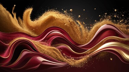 Leinwandbilder - Elegant abstract waves in rich red, gold, and bronze flowing against a dark background, enhanced by golden dust particles, creating depth and movement.