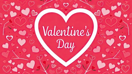Aufkleber - Valentine's Day poster design with a vibrant pink background, large white heart at center, surrounded by various smaller hearts and floral elements.