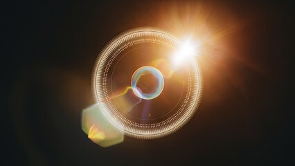 Poster - Circular lens flare forming a glowing orb pattern in warm tones against a dark black background with a bright light source on the right side.