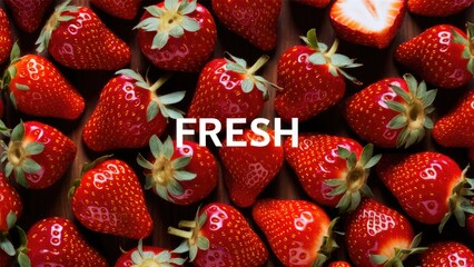 Poster - Vibrant red strawberries with green leafy tops arranged tightly, central bold text 