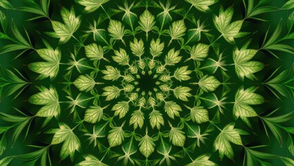 Poster - Kaleidoscope effect of green leaves forming an intricate ornamental design on a rich green background with vibrant patterns and symmetrical arrangement.