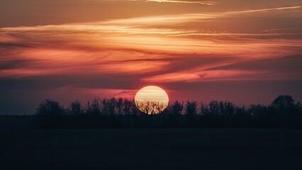 Poster - Silhouette of barren trees in foreground against vibrant orange and purple sunset sky with large sun setting on horizon creating a serene landscape