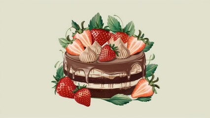 Poster - Chocolate cake layered with mousse and fresh strawberries, garnished with mint leaves, centered on a soft green background, creating a delightful dessert scene.