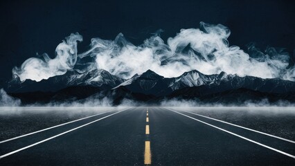 Aufkleber - Dark blue background with an empty asphalt road leading towards fog-covered snow-capped mountains, adorned with swirling white smoke mist.