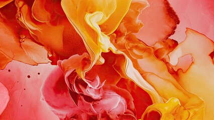 Leinwandbilder - Vibrant abstract background featuring swirling warm orange, yellow, and pink ink textures creating a captivating fluid art composition.