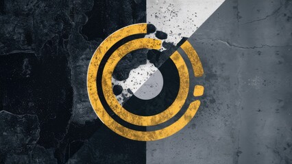 Leinwandbilder - Abstract design featuring a distressed yellow circular pattern on a textured gray and black background with diagonal sections showcasing worn surfaces.