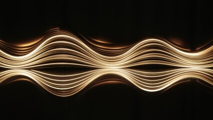 Leinwandbilder - Glowing wave line in gold and bronze tones on a black backdrop with reflections of light creating dynamic abstract patterns and shapes