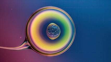 Fototapete - Vibrant rainbow-hued soap bubble with intricate details against a deep blue and pink background, showcasing macro photography's allure and elegance.
