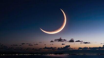 Poster - Crescent moon illuminated against a dark blue sky during twilight with distant clouds and horizon lights creating a serene evening atmosphere