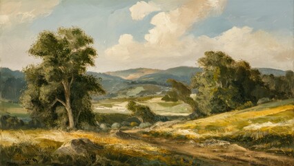 Poster - Lush green countryside landscape with scattered trees against a bright blue sky and soft clouds, featuring rolling hills and a winding dirt path.