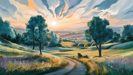 Poster - Vibrant countryside landscape with lush green fields, gentle hills, a winding path, and a glowing sunset backdrop with dramatic clouds.